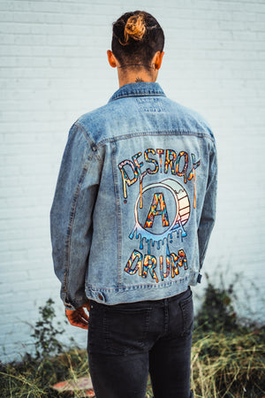 1 OF 1 Hand Painted Embroidered Destroy A Drum Denim Jacket