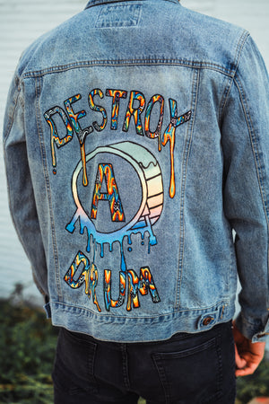 1 OF 1 Hand Painted Embroidered Destroy A Drum Denim Jacket